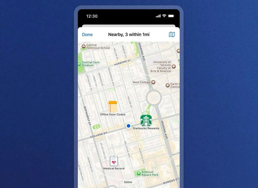 Giao diện bản đồ mới trong ứng dụng 1Password hiển thị các mục được lưu trữ theo vị trí địa lý của bạn.