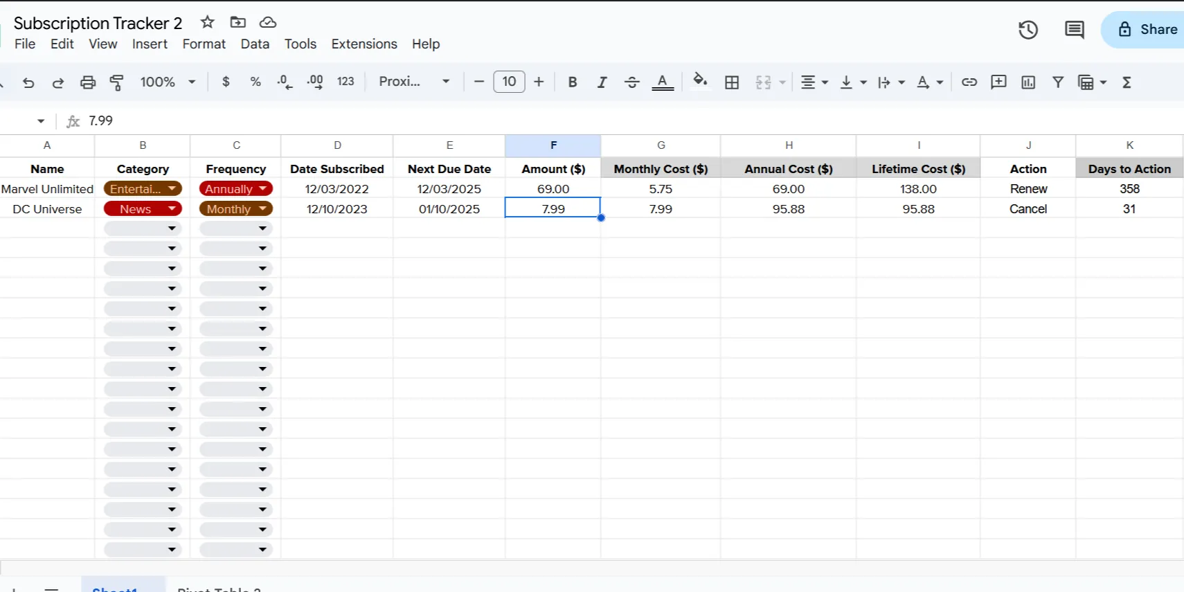 Giao diện bảng theo dõi đăng ký nâng cao trên Google Sheets với các cột ngày đến hạn và số ngày còn lại.