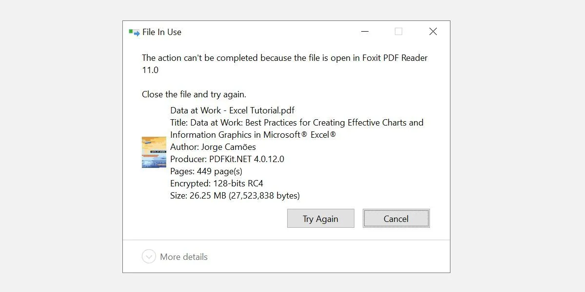 Giao diện báo lỗi file đang được sử dụng trên Windows 10 khi cố gắng xóa file PDF đang mở.