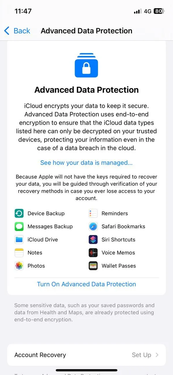 Giao diện Bảo vệ dữ liệu nâng cao cho iCloud trên iPhone, cho phép bật mã hóa đầu cuối để tăng cường bảo mật dữ liệu đám mây.
