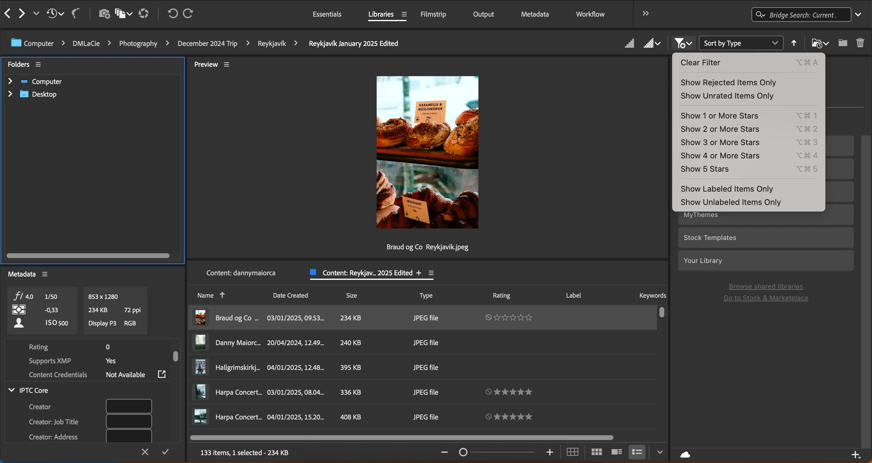 Giao diện bộ lọc trong Adobe Bridge cho phép sắp xếp và tìm kiếm ảnh theo nhiều tiêu chí như đánh giá sao, từ khóa, hoặc ngày tạo