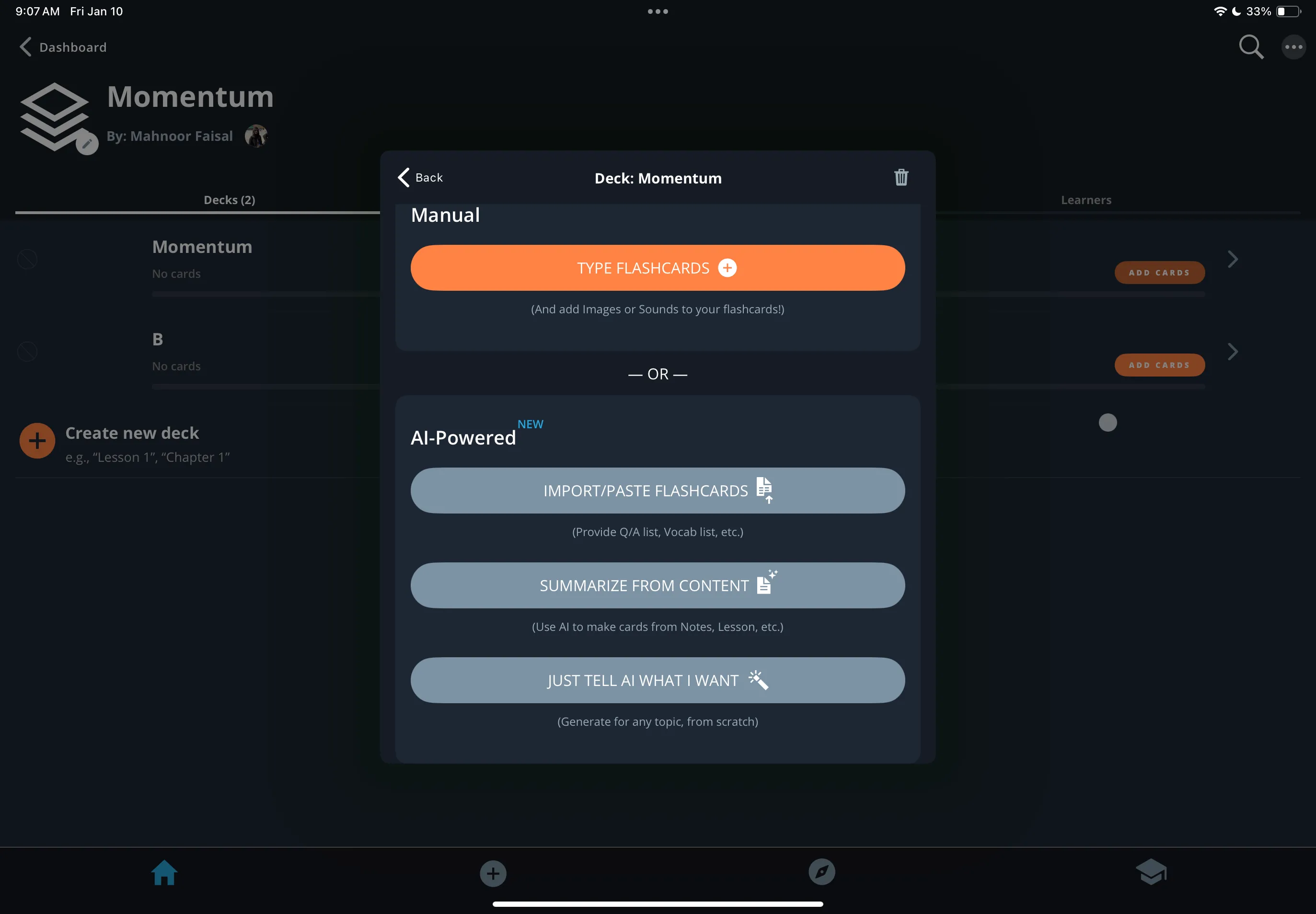 Giao diện Brainscape với ba tùy chọn tạo flashcard bằng AI: Import/Paste, Summarize From Content và Just Tell AI What I Want