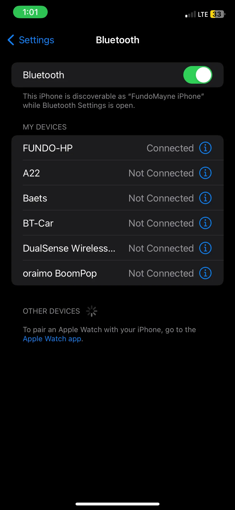 Giao diện cài đặt Bluetooth trên iPhone, nơi người dùng có thể tắt kết nối Bluetooth để kéo dài thời lượng pin.