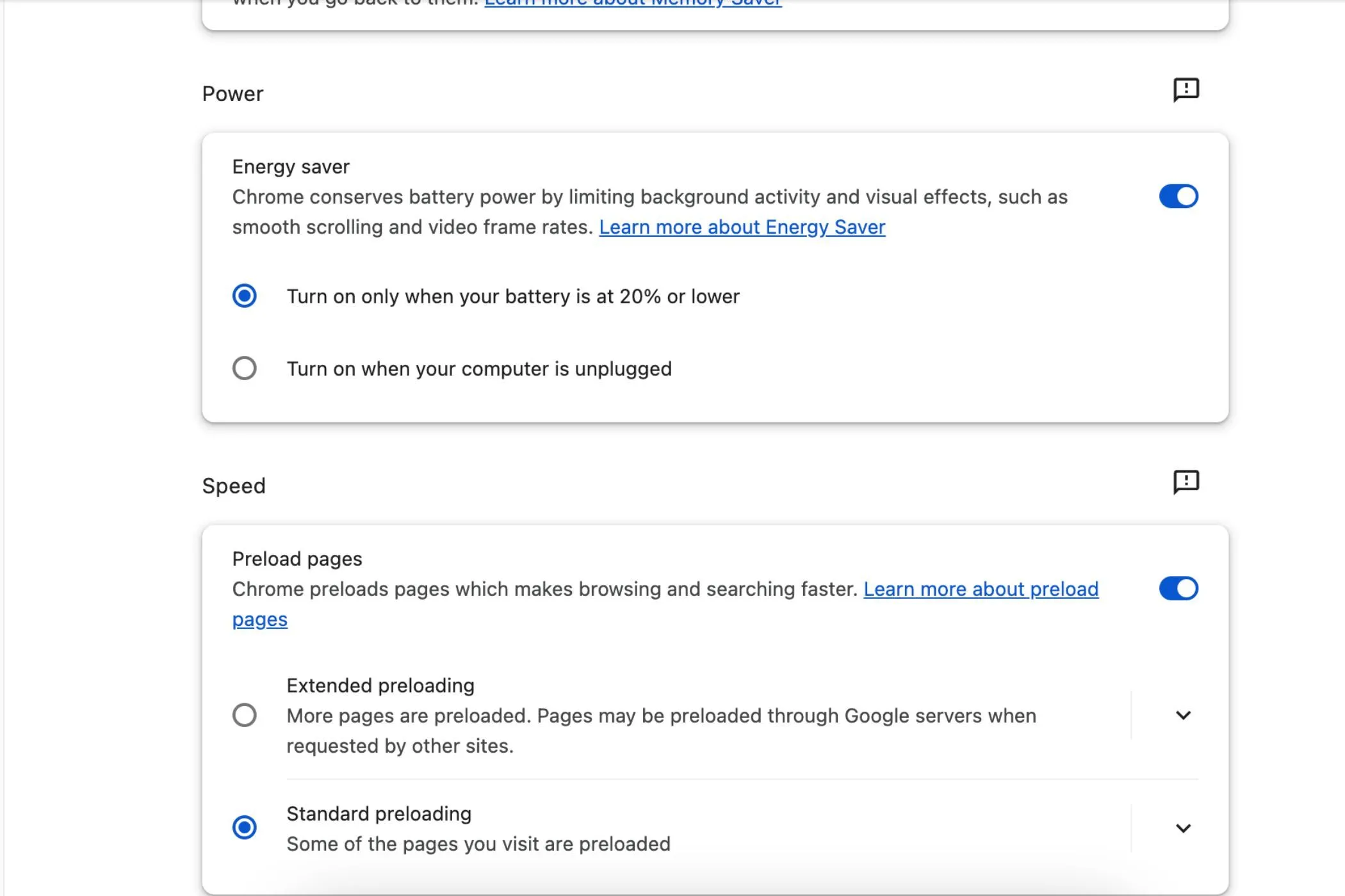 Giao diện cài đặt chế độ tiết kiệm năng lượng trên Google Chrome