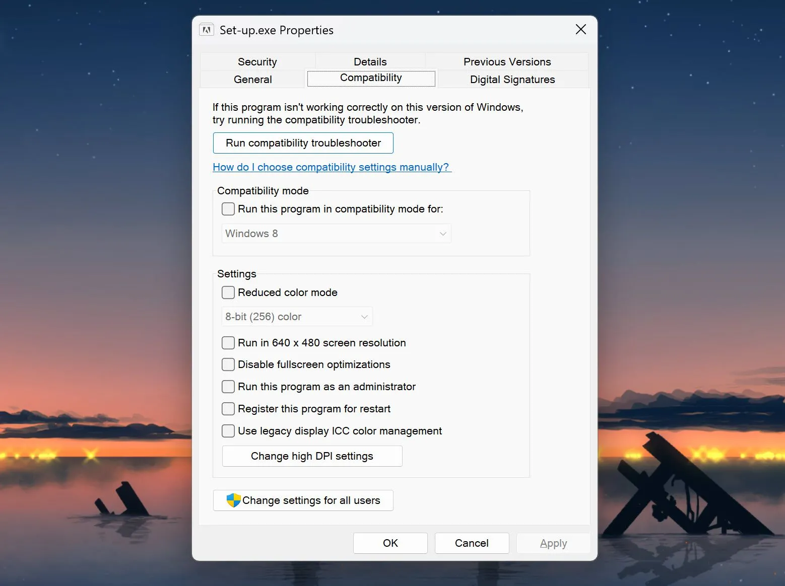 Giao diện cài đặt Chế độ tương thích trên Windows 11 với các tùy chọn khắc phục lỗi cho ứng dụng cũ