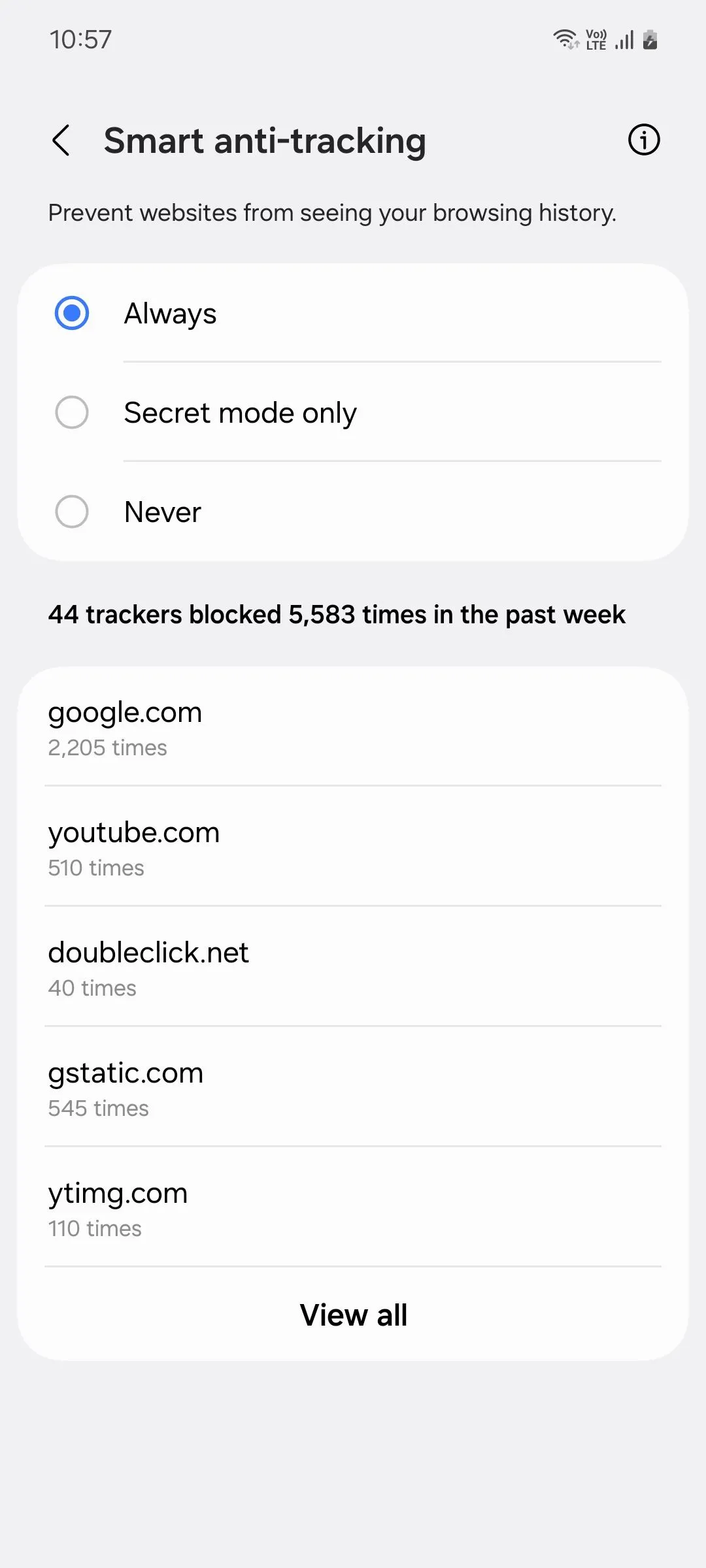 Giao diện cài đặt chống theo dõi thông minh (Smart anti-tracking) trên Samsung Internet
