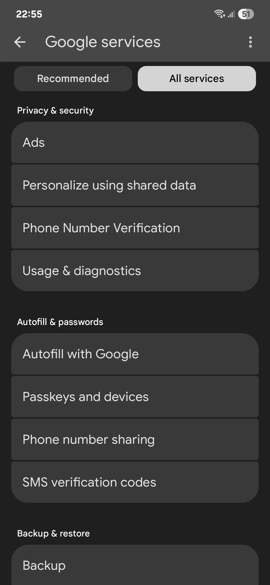 Giao diện cài đặt dịch vụ Google trên Android