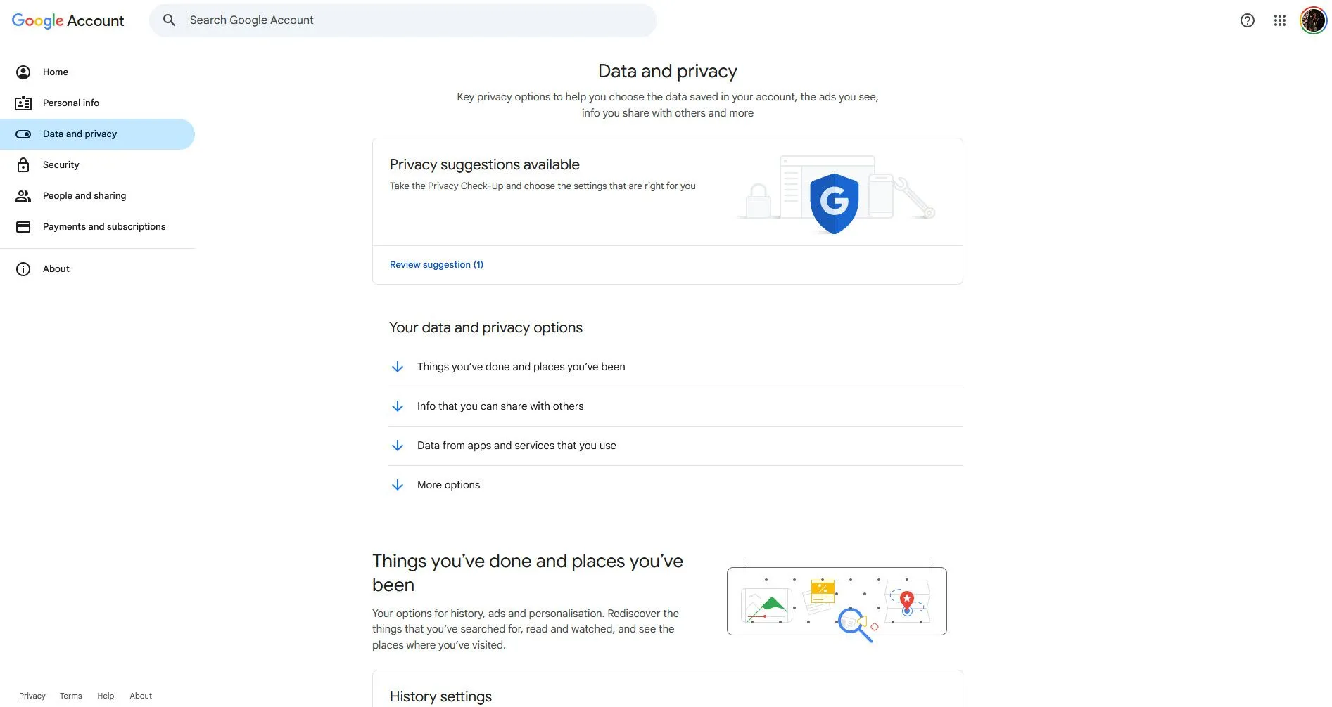 Giao diện cài đặt Dữ liệu và Quyền riêng tư trong tài khoản Google, nơi quản lý các tùy chọn bảo mật và dữ liệu cá nhân.