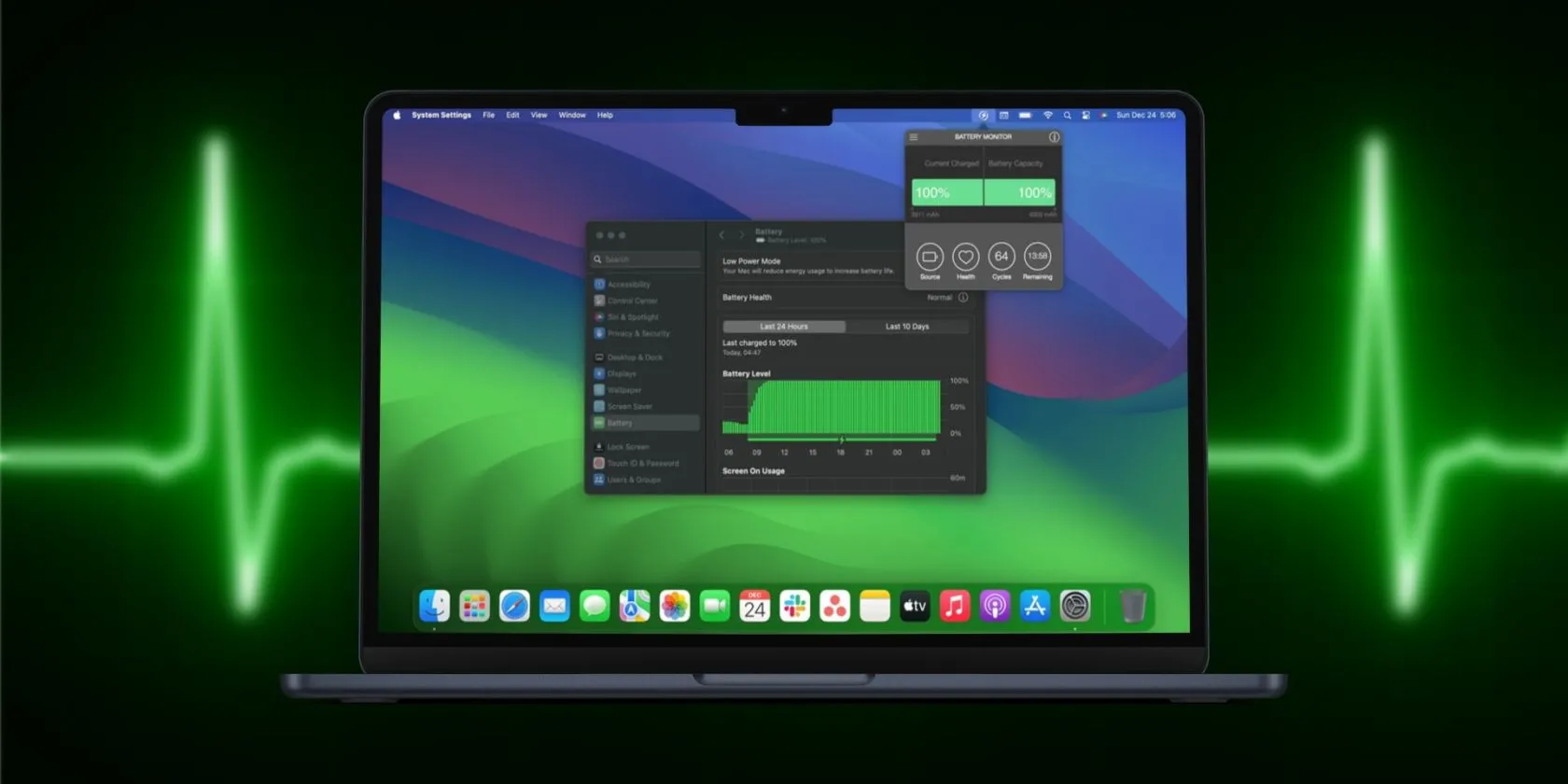 Giao diện cài đặt hệ thống trên MacBook hiển thị trạng thái pin, minh họa hiệu quả năng lượng vượt trội của MacBook