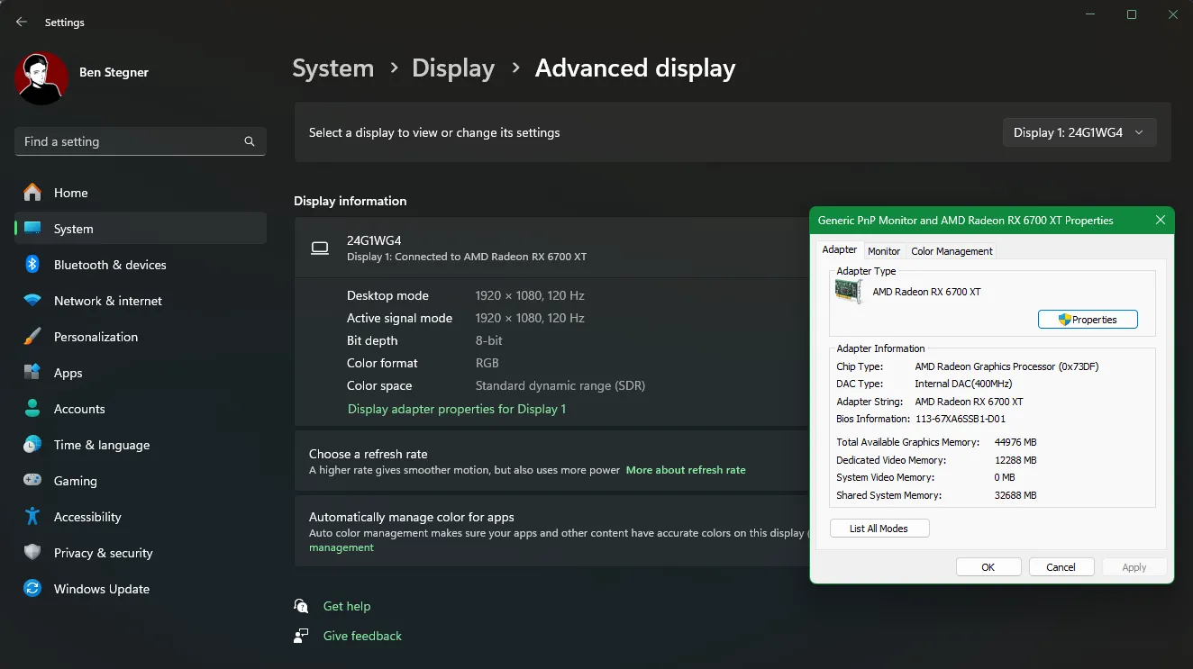Giao diện cài đặt hiển thị nâng cao trên Windows 11, minh họa cách kiểm tra dung lượng VRAM hiện có.