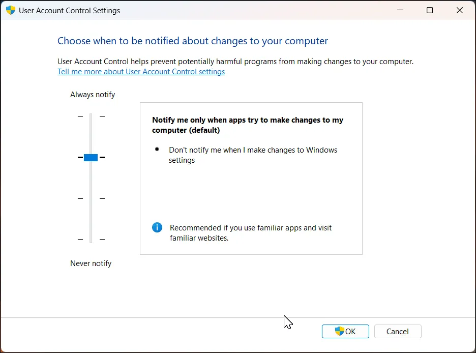 Giao diện cài đặt Kiểm soát Tài khoản Người dùng (UAC) trên Windows 11 với thanh trượt tùy chỉnh mức độ bảo mật.