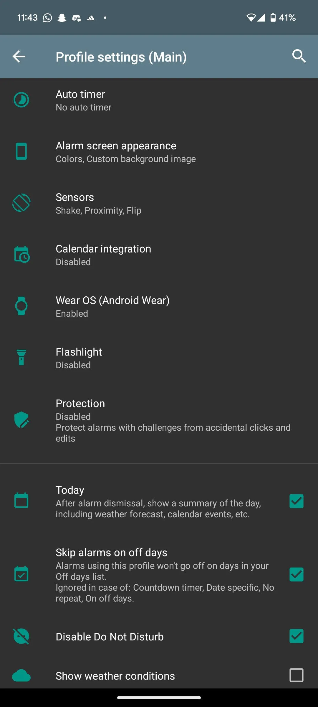 Giao diện cài đặt profile báo thức trong AMdroid, cho phép tùy chỉnh các thiết lập sâu rộng.