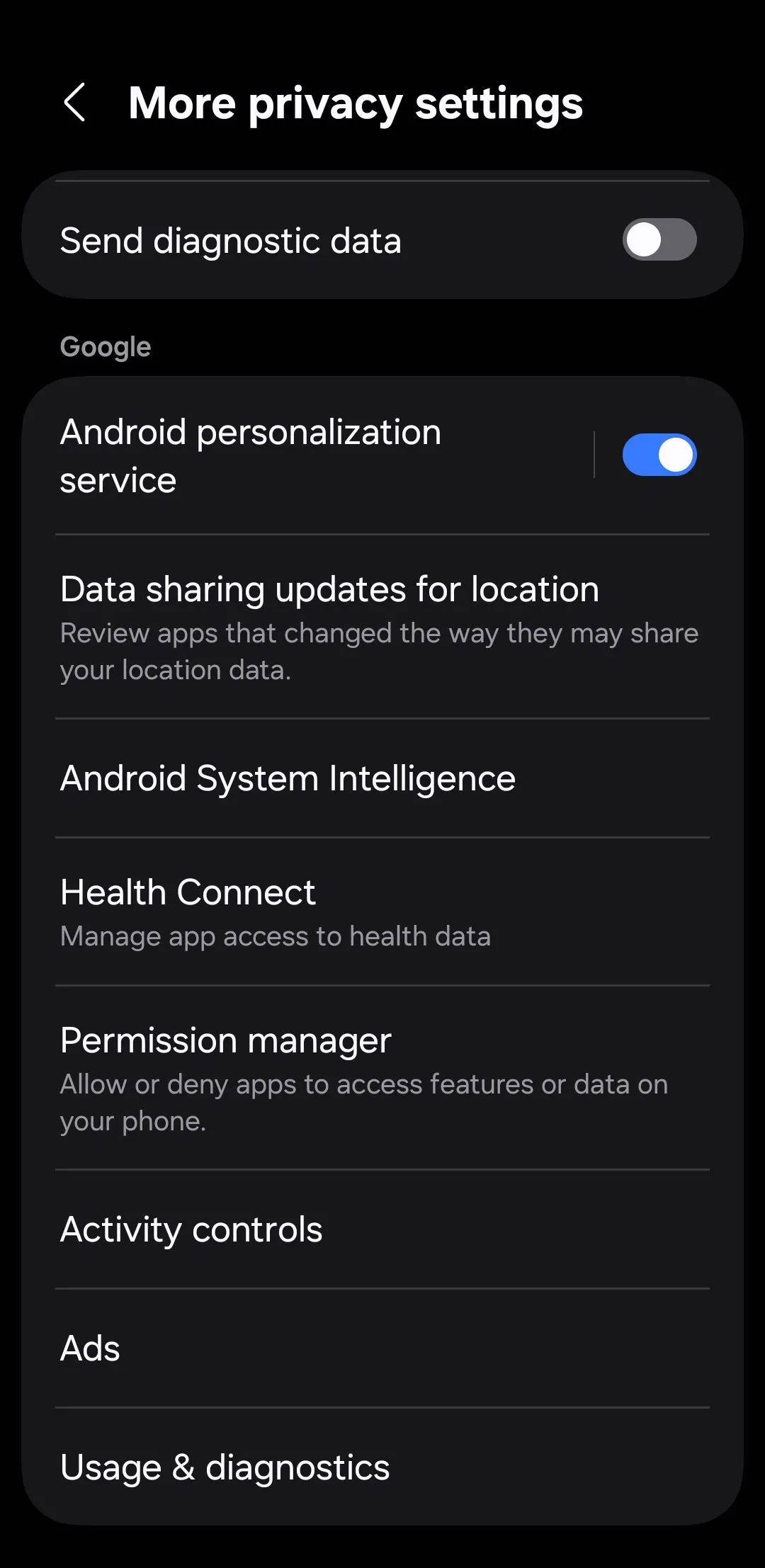 Giao diện cài đặt quyền riêng tư trên điện thoại Android, mục quảng cáo.