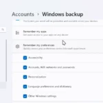 Giao diện cài đặt sao lưu Windows 11, hiển thị các tùy chọn đồng bộ dữ liệu và cài đặt thông qua tài khoản Microsoft.