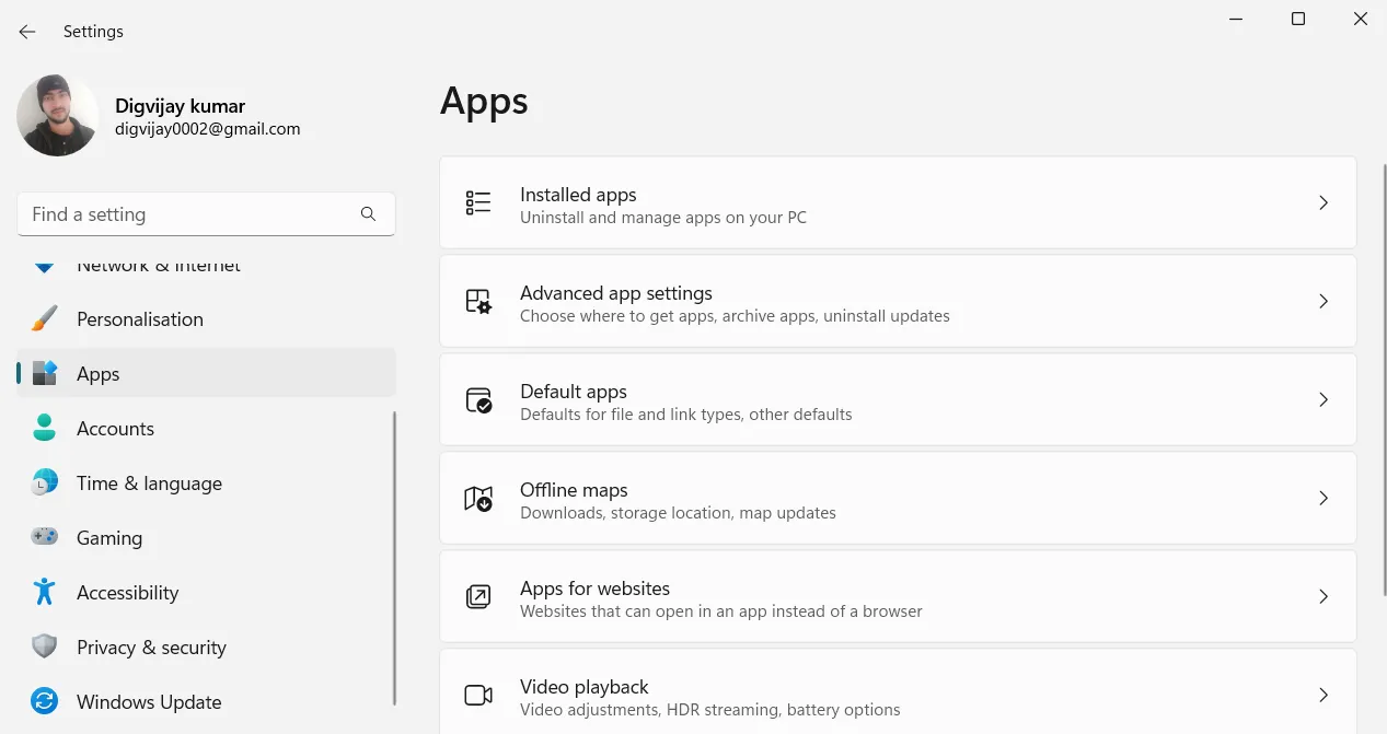 Giao diện Cài đặt (Settings) của Windows 11, hiển thị đường dẫn 'Apps &gt; Installed apps'