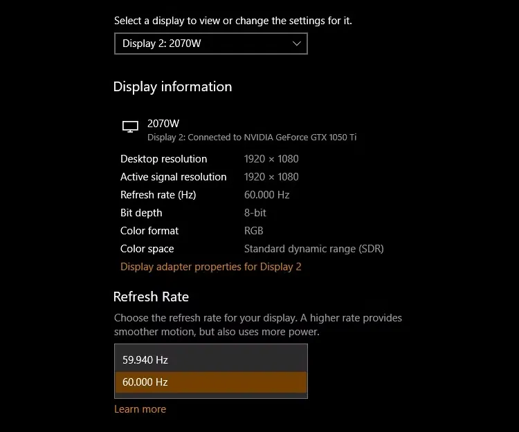 Giao diện cài đặt tần số quét màn hình trên Windows 10, cho phép chọn các mức Hz khác nhau để tối ưu hiển thị.