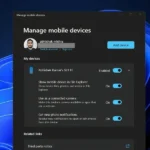 Giao diện cài đặt thiết bị di động trong Windows 11 hiển thị tùy chọn bật truy cập Android không dây