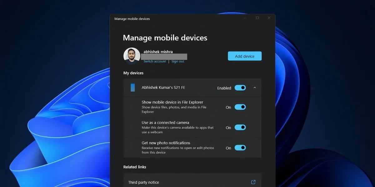 Giao diện cài đặt thiết bị di động trong Windows 11 hiển thị tùy chọn bật truy cập Android không dây