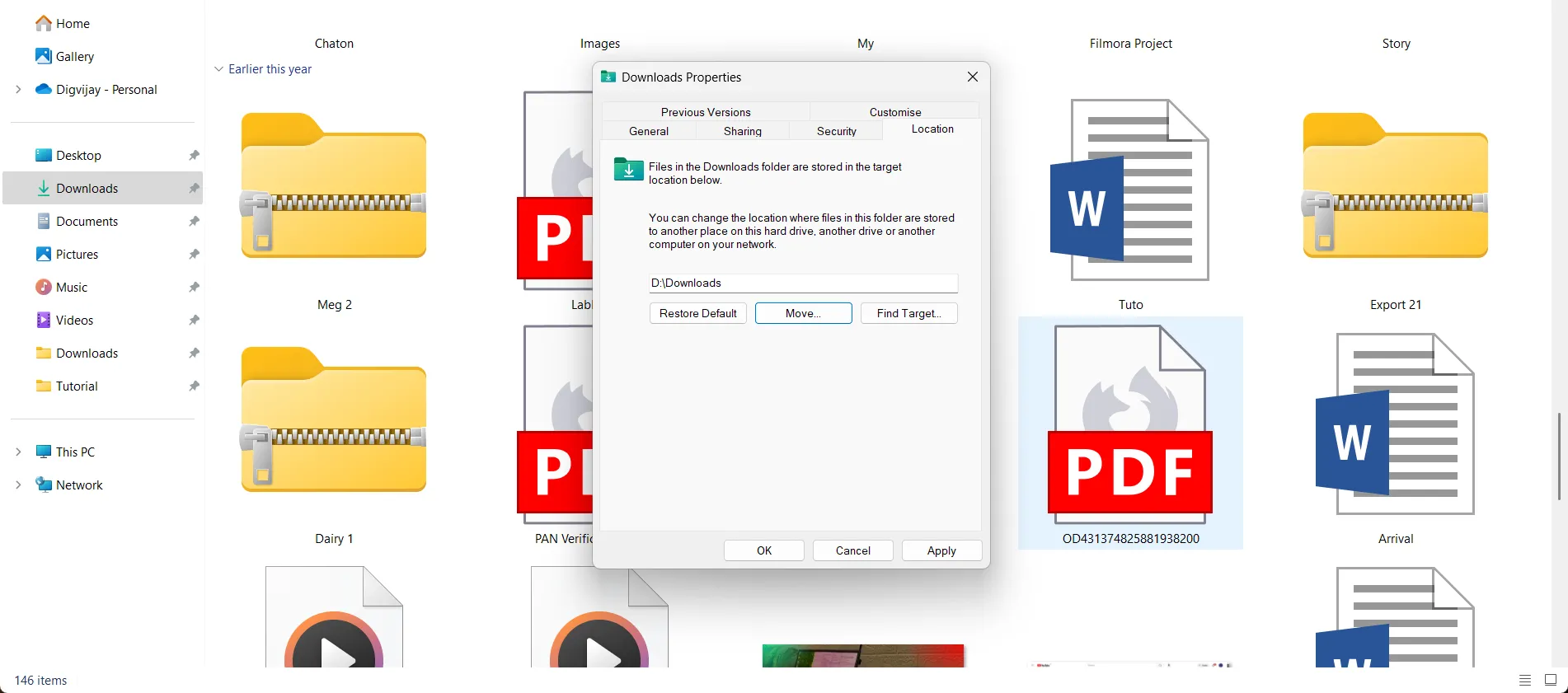 Giao diện cài đặt thuộc tính thư mục Downloads trong Windows 11, hiển thị tab Vị trí và nút Di chuyển để thay đổi đường dẫn tải xuống sang ổ D.