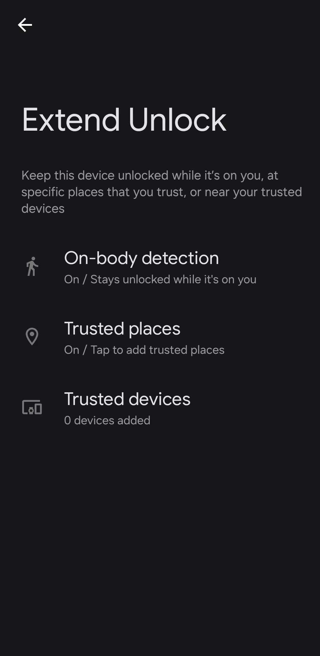 Giao diện cài đặt tính năng Extend Unlock (Smart Lock) trên điện thoại Android