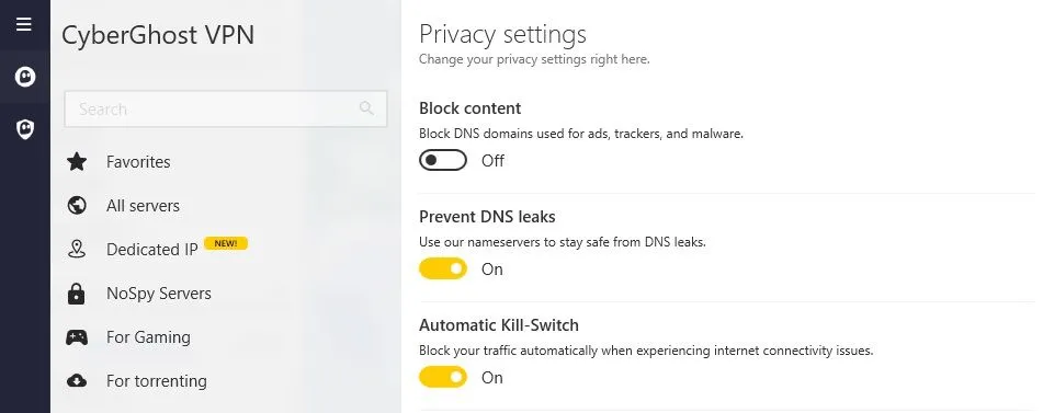 Giao diện cài đặt tính năng Kill Switch tự động của ứng dụng VPN CyberGhost, giúp bảo vệ dữ liệu khi kết nối bị ngắt.