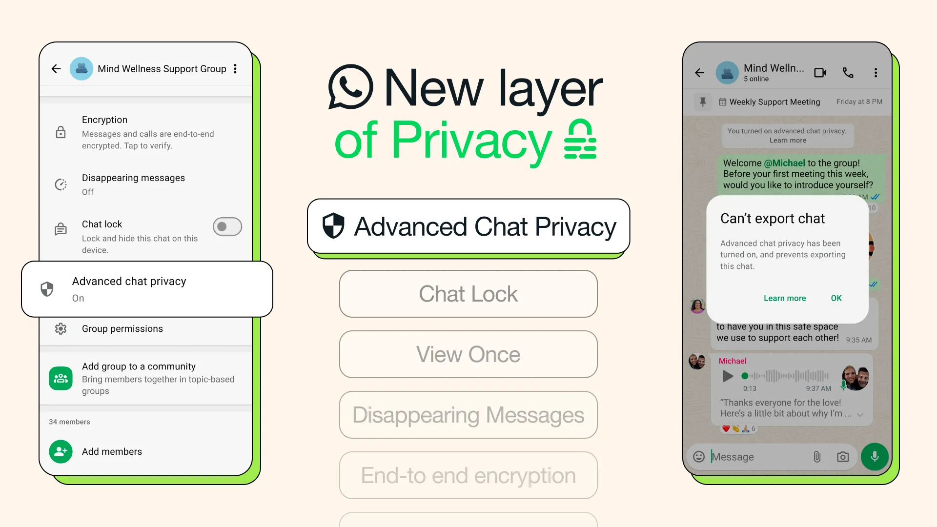 Giao diện cài đặt tính năng Quyền riêng tư trò chuyện nâng cao (Advanced Chat Privacy) trên WhatsApp, minh họa các tùy chọn bảo mật mới.