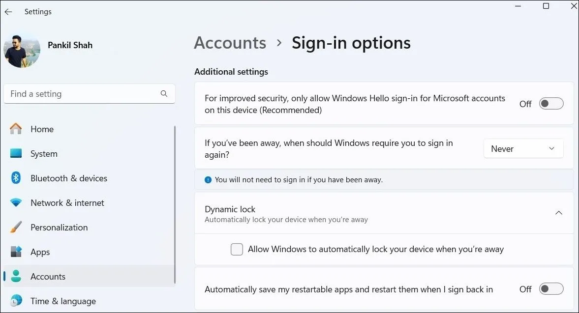 Giao diện cài đặt Tùy chọn Đăng nhập (Sign-in Options) trong ứng dụng Cài đặt Windows 11