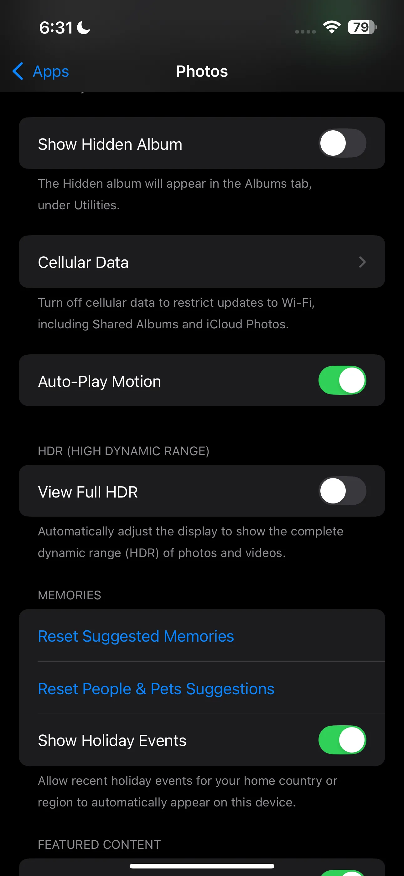 Giao diện cài đặt ứng dụng Ảnh trong Cài đặt iPhone