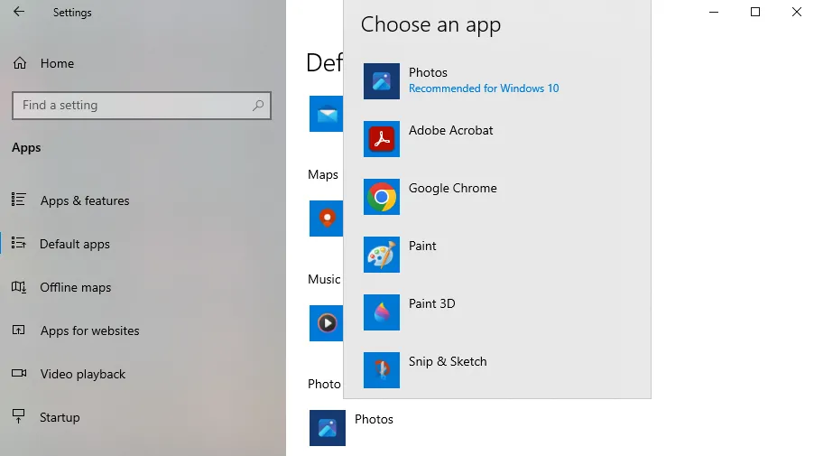 Giao diện cài đặt ứng dụng mặc định trên Windows 10 đơn giản và dễ sử dụng