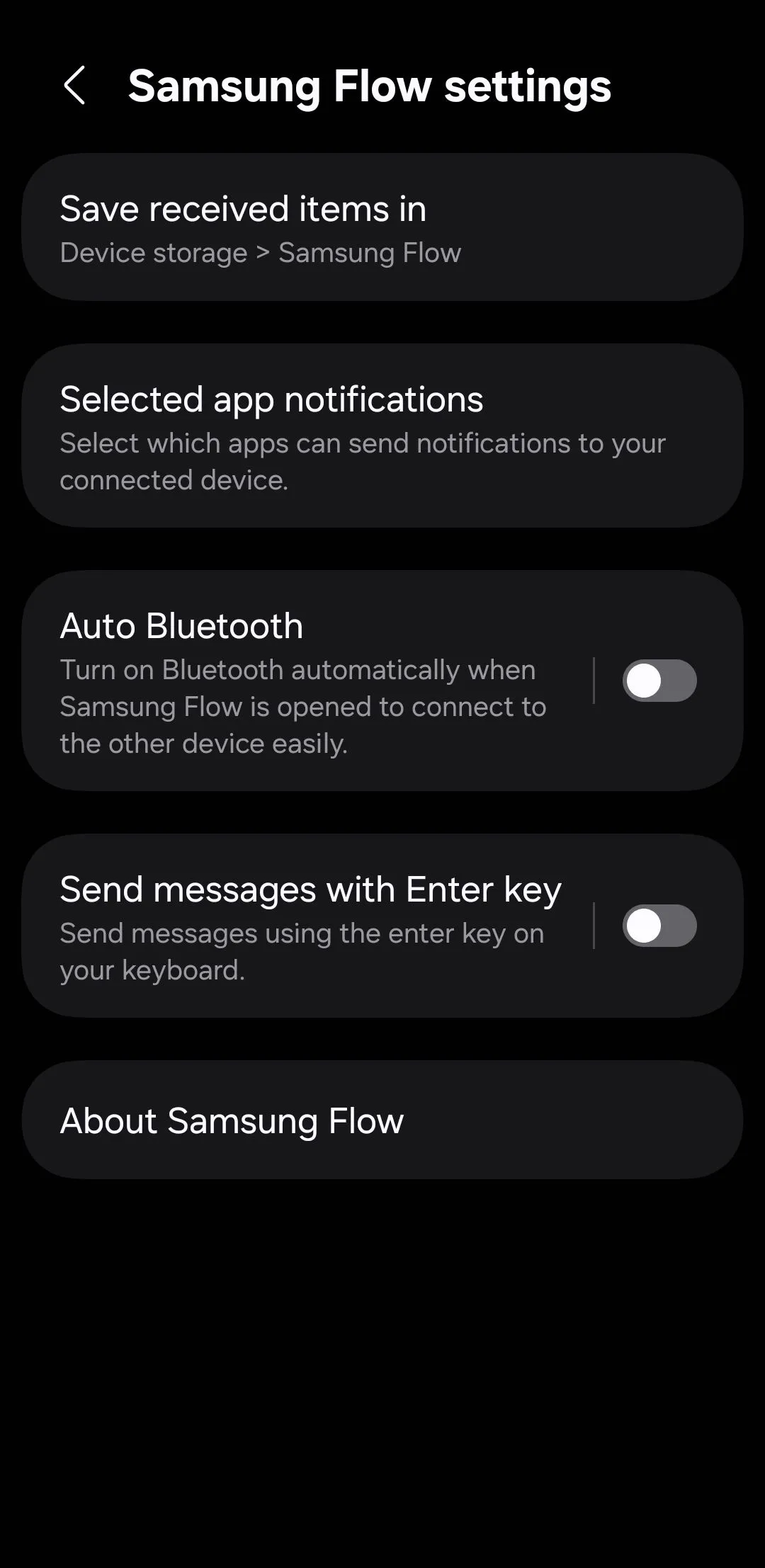 Giao diện cài đặt ứng dụng Samsung Flow trên điện thoại Galaxy, hiển thị menu cấu hình thông báo ứng dụng