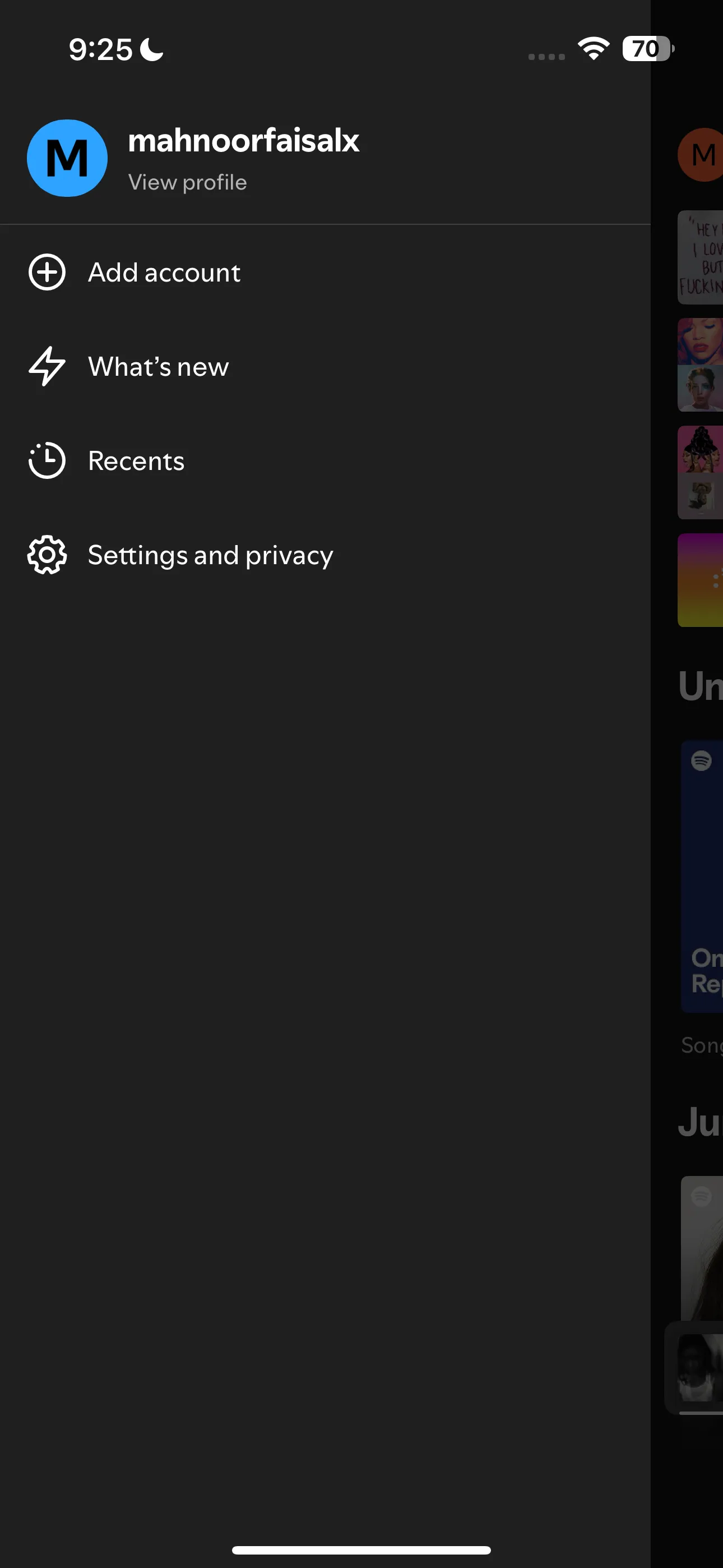 Giao diện cài đặt và quyền riêng tư trong ứng dụng Spotify