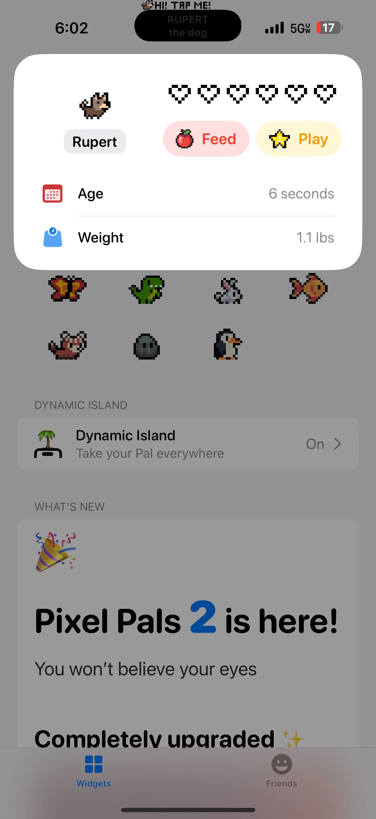 Giao diện cài đặt và thông tin chi tiết về thú cưng ảo Pixel Pals trên iPhone.