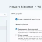 Giao diện cài đặt Wi-Fi trong Windows, hiển thị tùy chọn thay đổi hồ sơ mạng từ Công khai sang Riêng tư để tăng cường bảo mật.