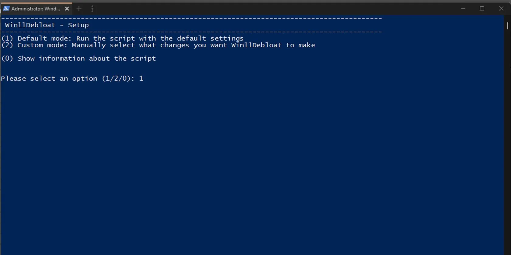 Giao diện cài đặt Win11Debloat qua PowerShell để gỡ bỏ ứng dụng rác
