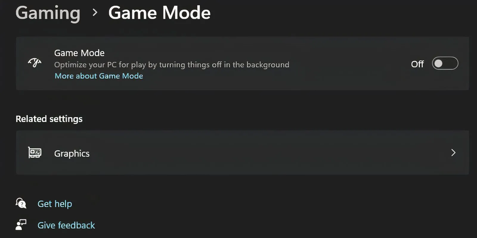 Giao diện cài đặt Windows với tùy chọn Game Mode đã được tắt để giảm thiểu tình trạng giật lag.