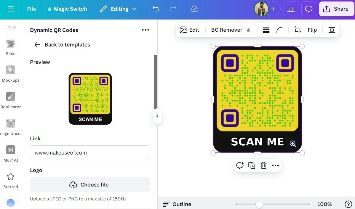 Giao diện Canva khi tạo mã QR động, cho phép tùy chỉnh màu sắc, thêm logo thương hiệu và liên kết URL