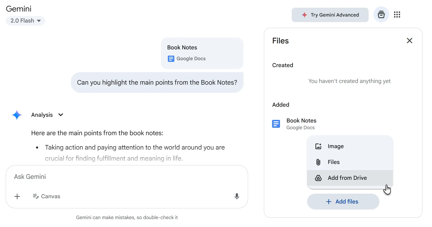Giao diện chatbot Gemini đang tương tác với nội dung từ Google Docs, hỗ trợ tóm tắt và phân tích ghi chú