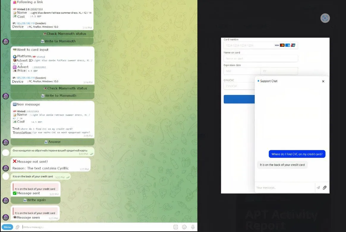 Giao diện chatbot lừa đảo Telekopye, cho thấy cửa sổ của kẻ tấn công (trái) với tin nhắn được dịch và những gì nạn nhân nhìn thấy (phải).