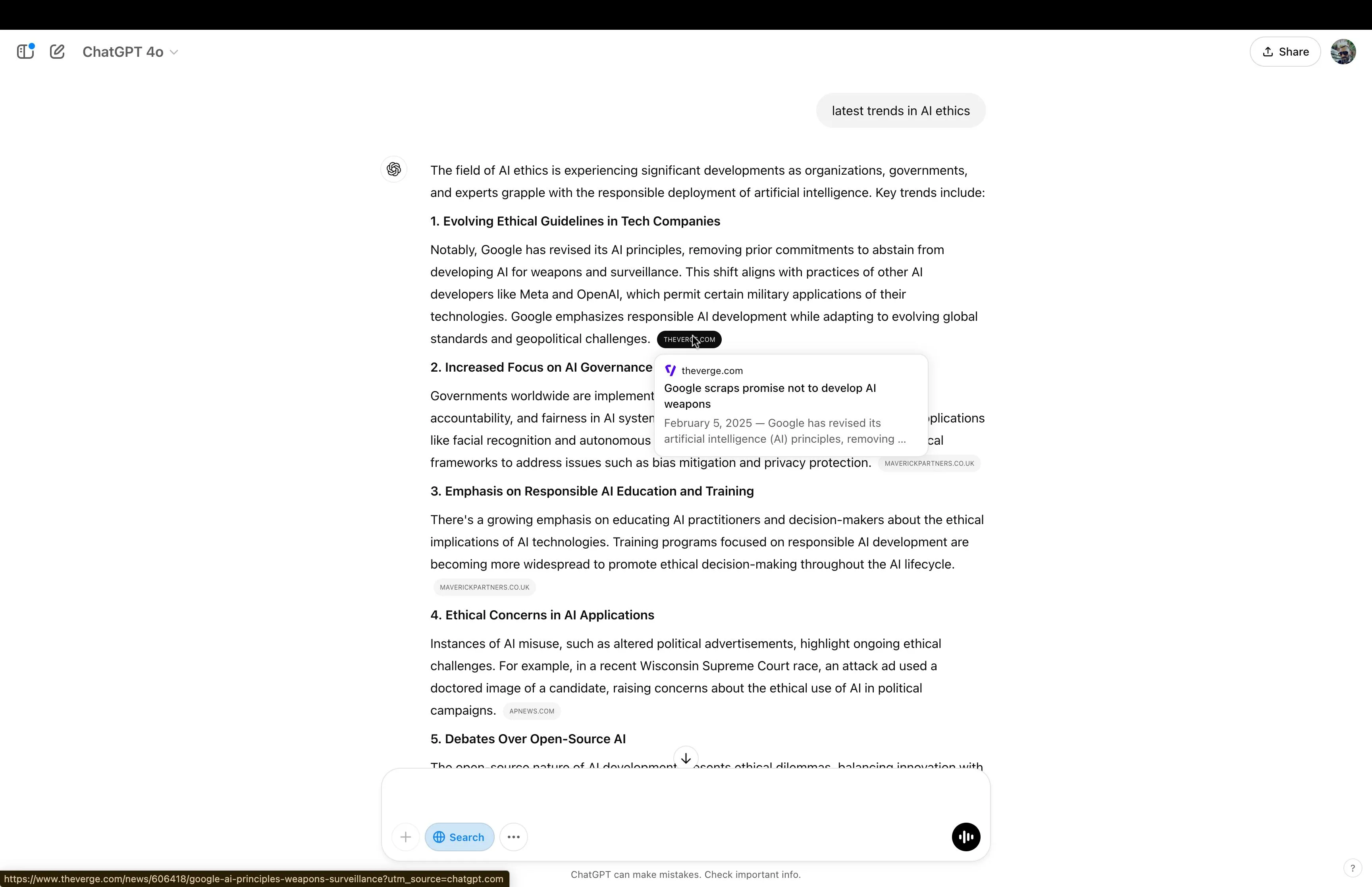 Giao diện ChatGPT hiển thị kết quả tìm kiếm với các nguồn trích dẫn được đánh dấu.