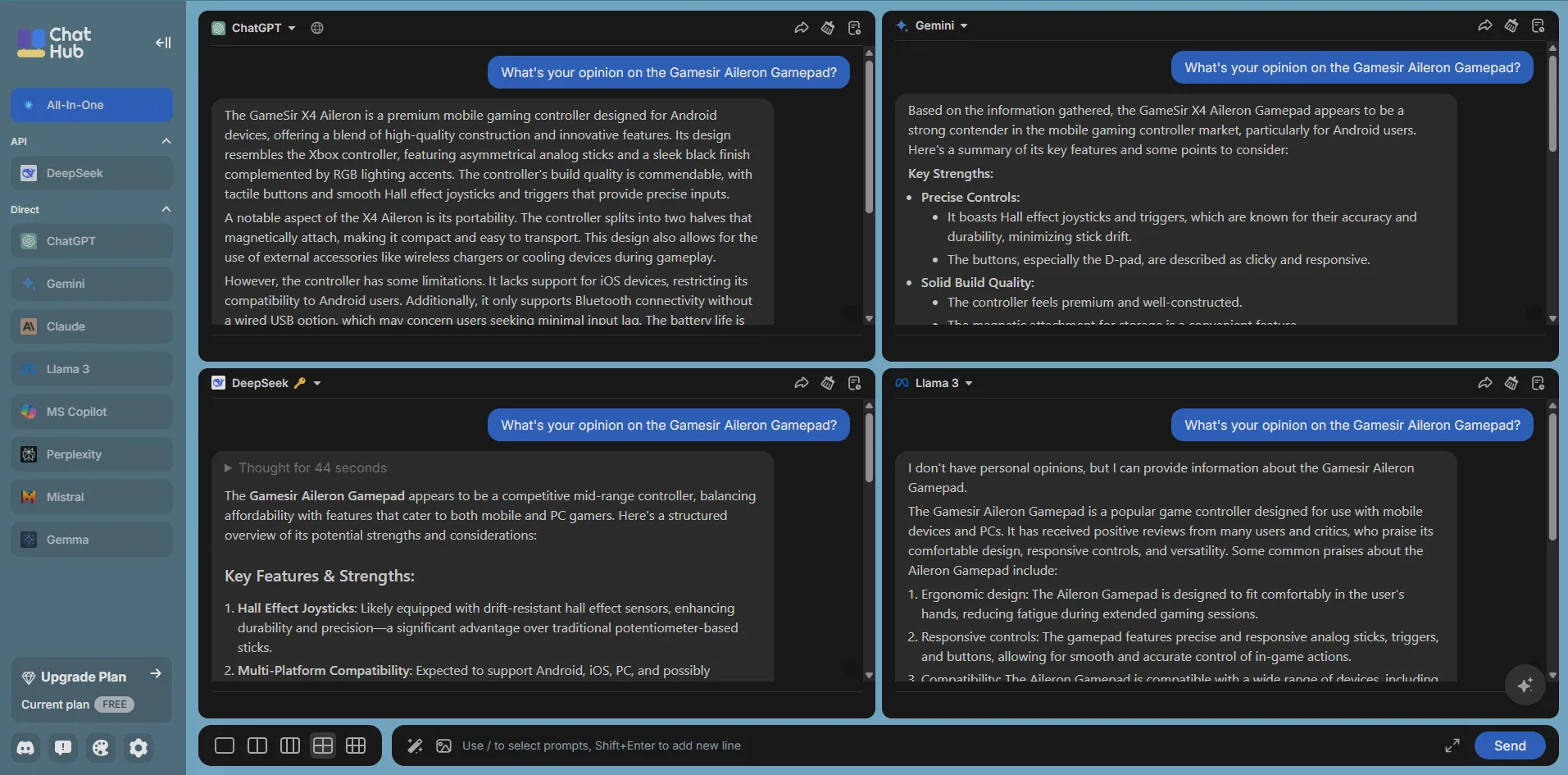 Giao diện ChatHub hiển thị tính năng so sánh đồng thời hai mô hình chatbot AI, giúp người dùng đánh giá hiệu suất