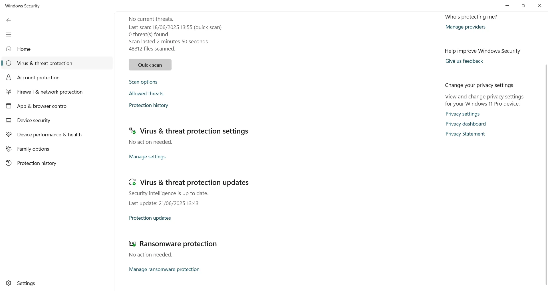 Giao diện chính của mục 'Virus & threat protection' trong Windows Security trên Windows 11, hiển thị các tùy chọn bảo vệ