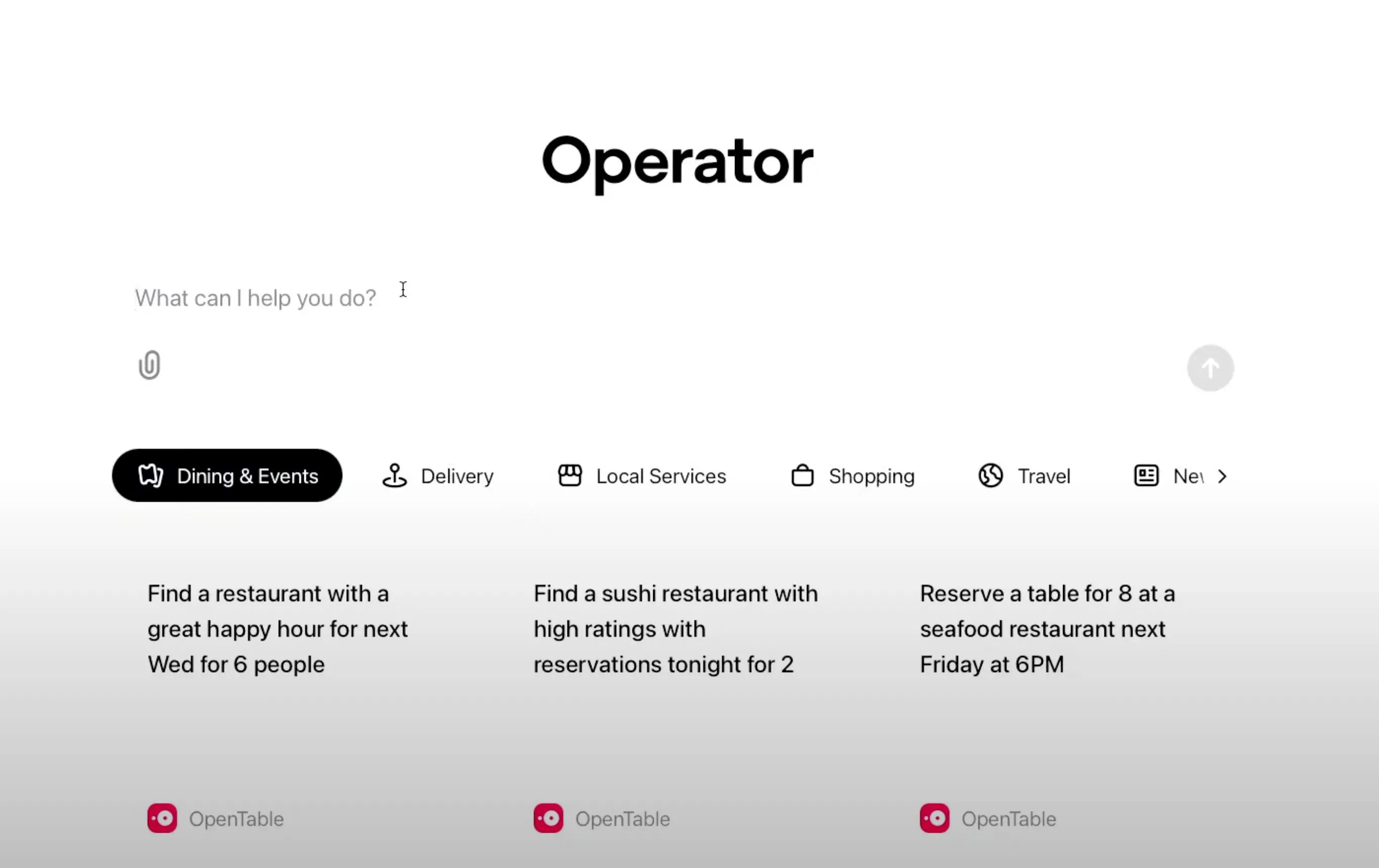 Giao diện chính của OpenAI Operator, một ví dụ về nền tảng AI Agent với các ứng dụng đa dạng
