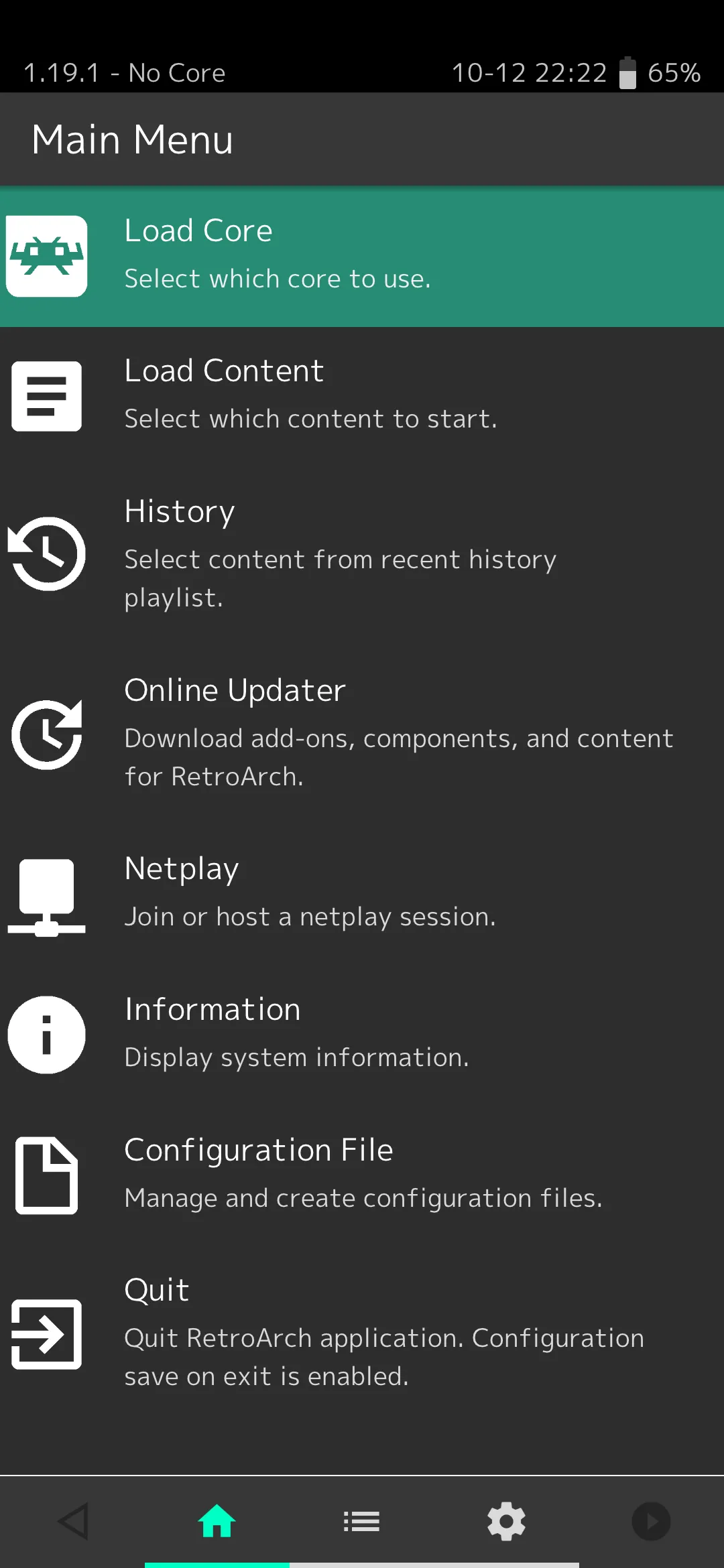 Giao diện chính của RetroArch trên Android với tùy chọn Load Core và Load Content