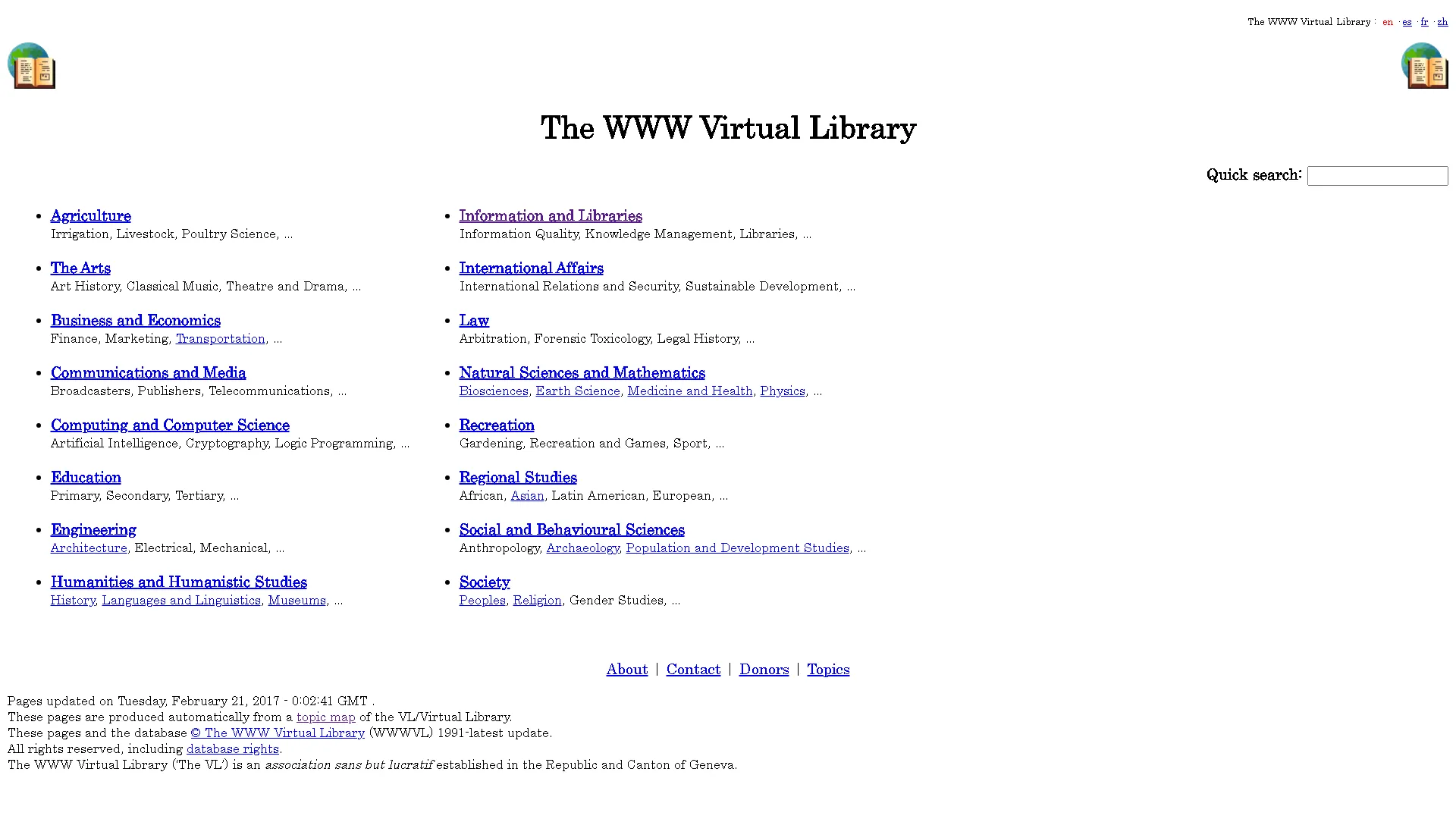 Giao diện chính của Thư viện ảo World Wide Web, chỉ mục nội dung đầu tiên trên internet.
