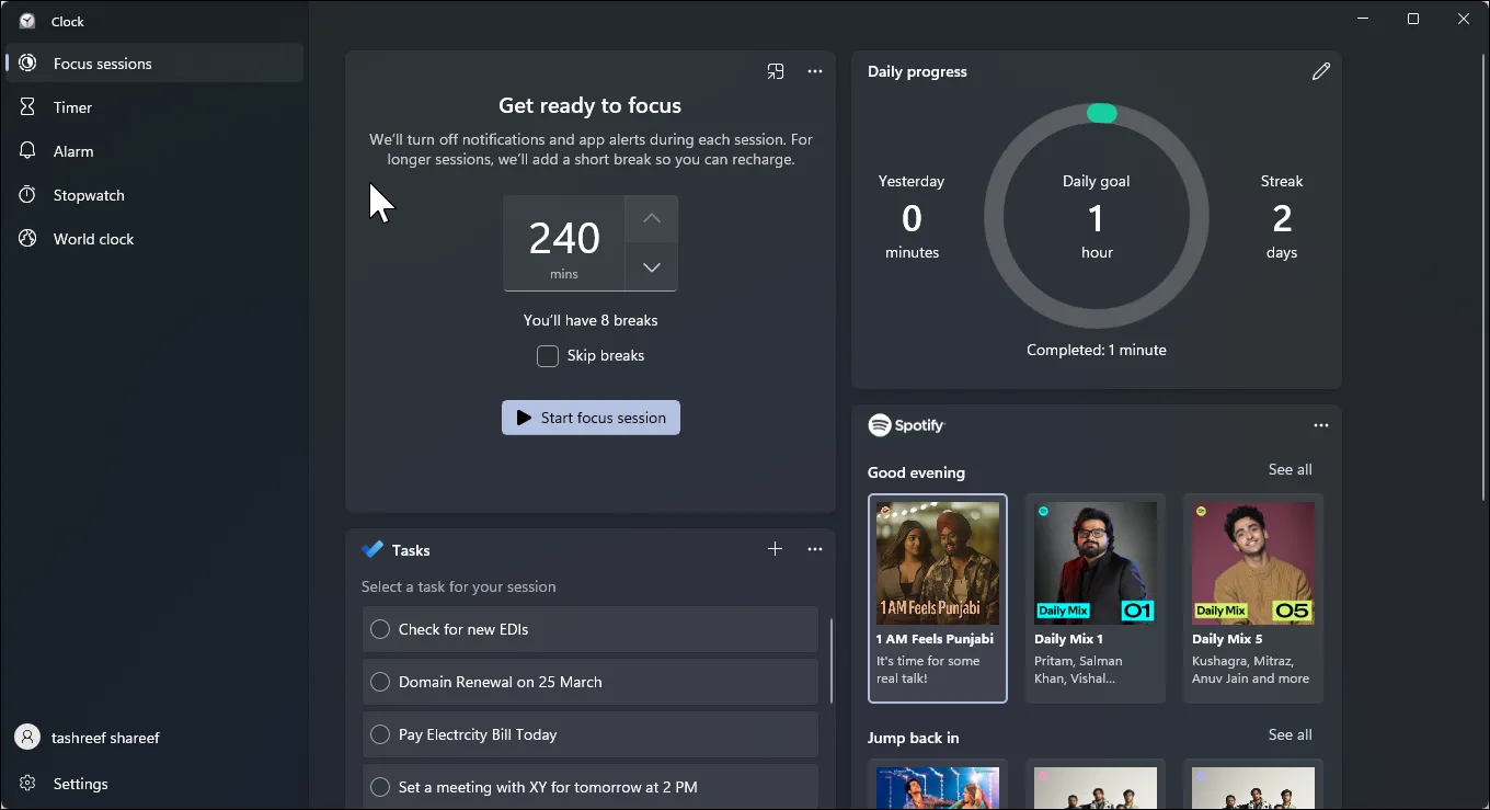 Giao diện chính của tính năng Focus Sessions trong ứng dụng Clock của Windows 11 hiển thị các tùy chọn cài đặt thời gian và số phiên làm việc