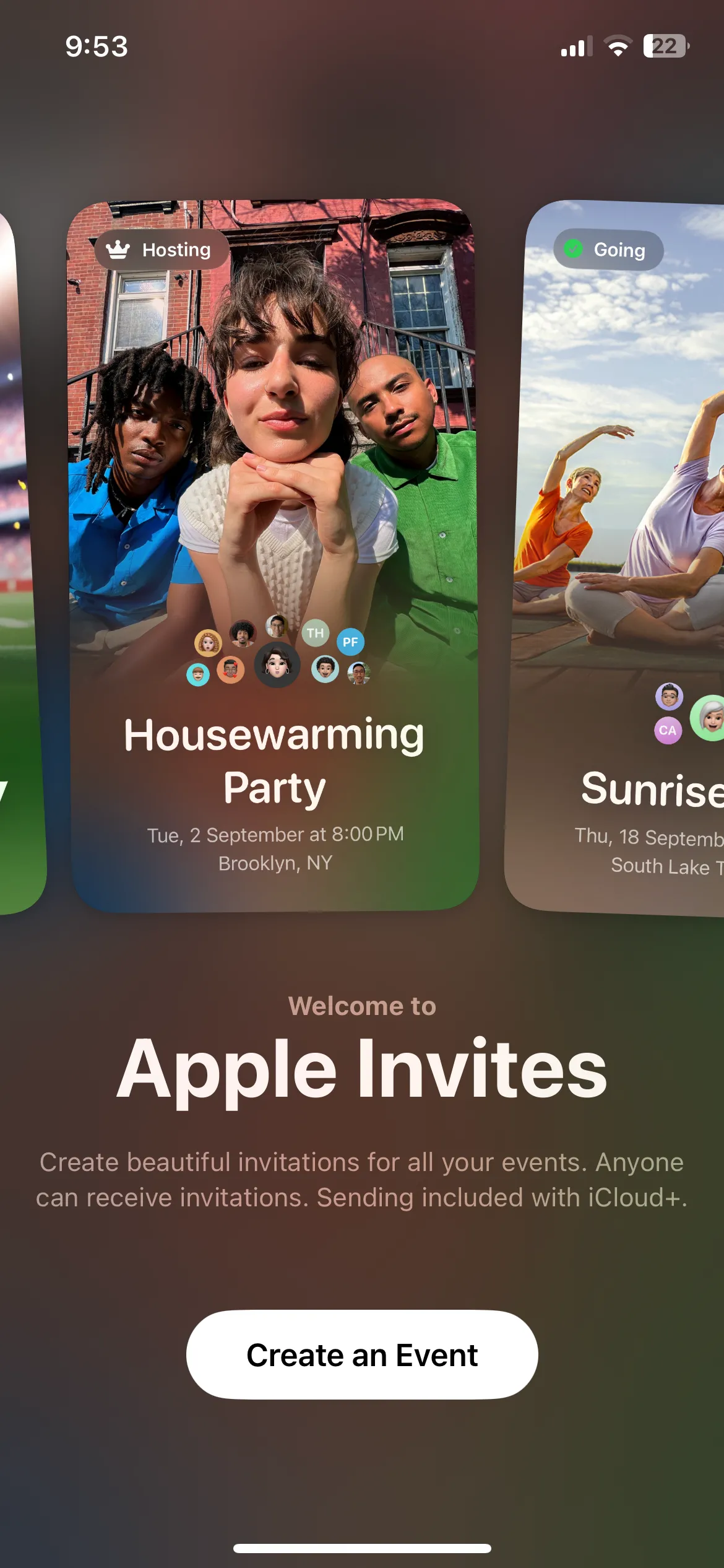 Giao diện chính của ứng dụng Apple Invites để tạo thiệp mời sự kiện trên iPhone