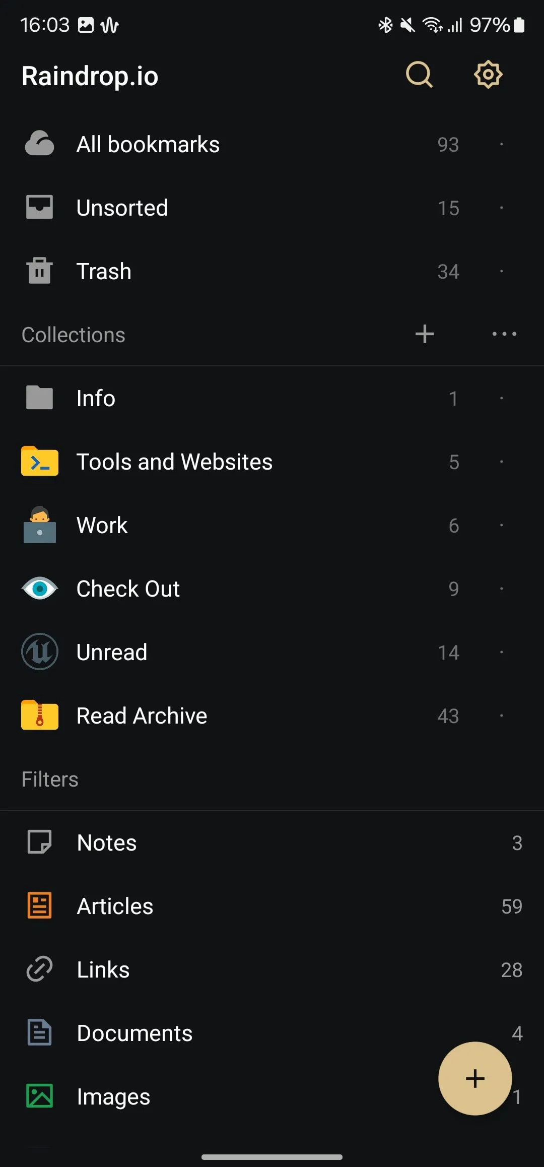 Giao diện chính của ứng dụng Raindrop quản lý bookmark trên Android