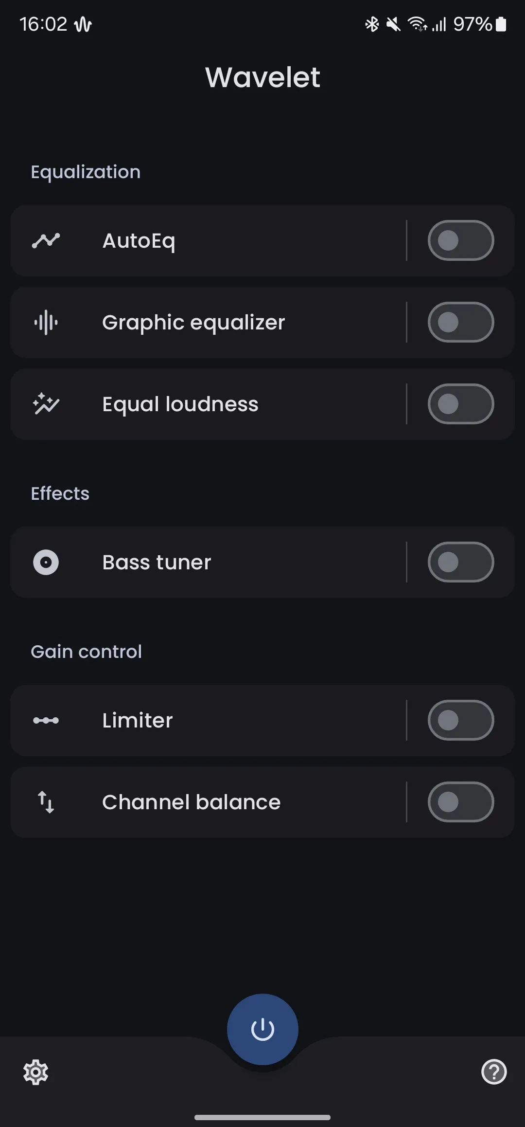 Giao diện chính của ứng dụng Wavelet giúp cân bằng âm thanh trên Android
