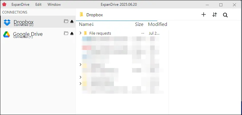 Giao diện chính ExpanDrive mở trên Windows 11, hiển thị các tùy chọn quản lý ổ đĩa đám mây