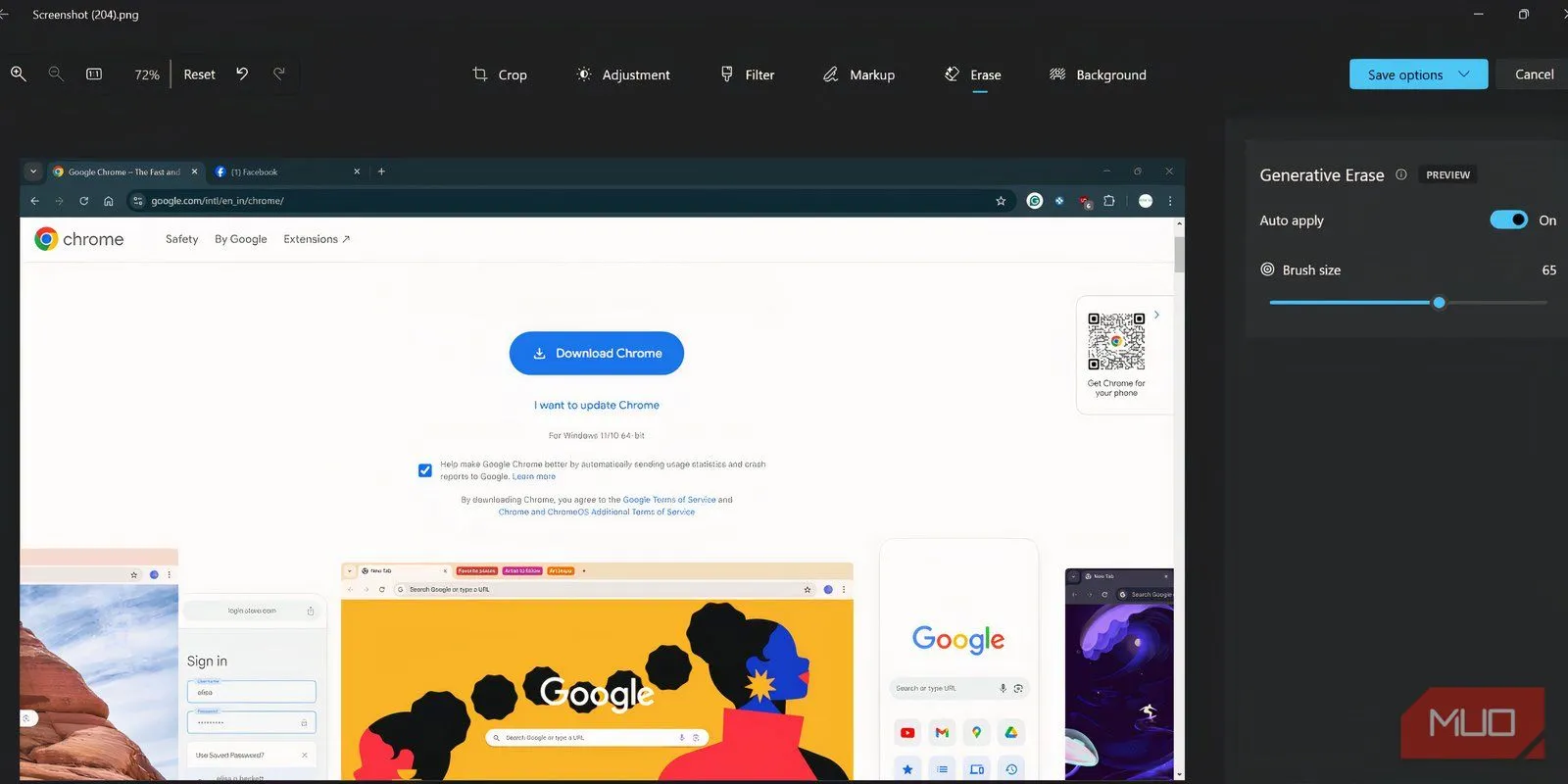 Giao diện chỉnh sửa của ứng dụng Ảnh Microsoft Photos, với tùy chọn Xóa Tạo Sinh (Generative Erase) đang được chọn và vùng văn bản đã được xóa.